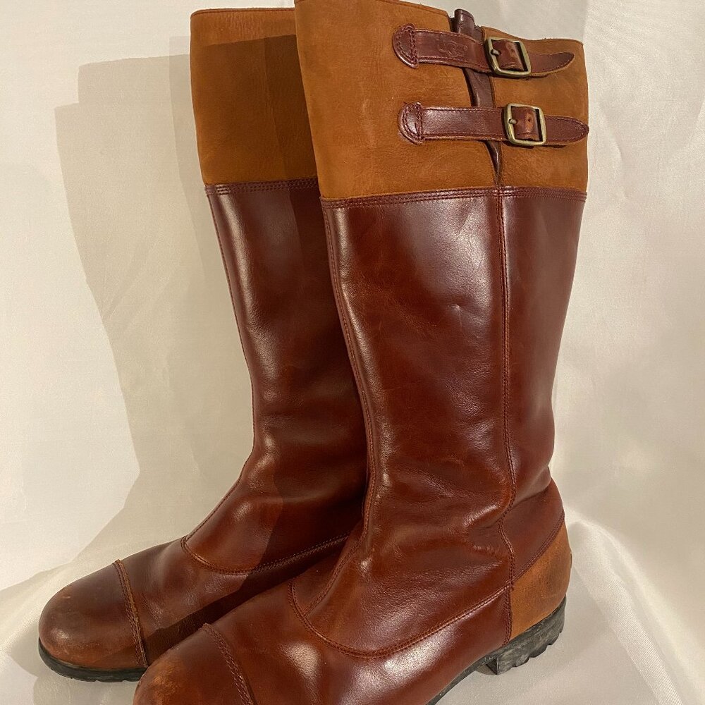 UGG Brown Leather Tall Boots Warm Fleece Lining Women US 10 Excellent Condition